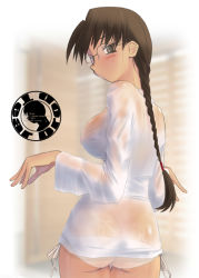 Rule 34 | 1girl, ass, blush, braid, breasts, brown eyes, brown hair, from behind, glasses, hoshina tomoko, large breasts, looking back, no bra, panties, see-through, side-tie panties, solo, to heart, to heart (series), tsuina, underwear, wet, wet clothes