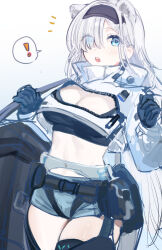 Rule 34 | !, 1girl, :o, aizuki sui, animal ears, arknights, aurora (arknights), bear ears, belt, black belt, black gloves, black hairband, black shirt, blue eyes, breasts, cleavage, cleavage cutout, clothing cutout, commentary request, cowboy shot, crop top, gloves, grey shorts, hairband, highres, jacket, large breasts, long hair, long sleeves, looking at viewer, medium breasts, midriff, navel, open mouth, pouch, shirt, short shorts, shorts, solo, spoken exclamation mark, standing, stomach, thighs, very long hair, white hair, white jacket