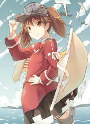 Rule 34 | 10s, 1girl, aircraft, airplane, brown eyes, brown hair, cloud, cloudy sky, day, e20, hand on own hip, kantai collection, long hair, magatama, ocean, ryuujou (kancolle), scroll, shikigami, sky, smile, solo, twintails, visor cap