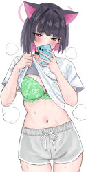 Rule 34 | 1girl, animal ears, black choker, black hair, blue archive, blush, bob cut, bra, bra visible through clothes, breasts, cat ears, choker, clothes lift, colored inner hair, commentary request, green bra, hair intakes, halo, highres, holding, holding phone, kazusa (blue archive), lace, lace bra, large breasts, lifting own clothes, looking at phone, medium hair, multicolored hair, navel, phone, pink eyes, pink hair, pink halo, selfie, shirt, shirt lift, short sleeves, shorts, simple background, solo, steaming body, stomach, sweat, t-shirt, thighs, tsumayouji (tumayog), two-tone hair, underwear, white background, white shirt, white shorts