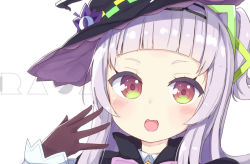 Rule 34 | 1girl, :d, black capelet, black hat, blush, brown gloves, capelet, collared shirt, commentary request, gloves, hand up, hat, hololive, long hair, long sleeves, looking at viewer, murasaki shion, murasaki shion (1st costume), okota mikan, one side up, open mouth, portrait, purple hair, red eyes, shirt, simple background, sleeves past wrists, smile, solo, virtual youtuber, white background, white shirt, witch hat