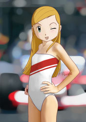 Rule 34 | 1girl, ;), blonde hair, blush, digimon, digimon frontier, female focus, flat chest, green eyes, hands on own hips, highres, leotard, long hair, looking at viewer, one eye closed, open mouth, orimoto izumi, smile, thighs, wink