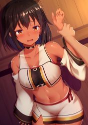 Rule 34 | 1girl, bare shoulders, black hair, black tube top, blush, brown eyes, character request, commentary request, dark-skinned female, dark skin, detached sleeves, highres, holding another&#039;s wrist, medium hair, midriff, momo no kanzume, navel, open mouth, original, partial commentary, solo focus, strapless, tube top, wide sleeves