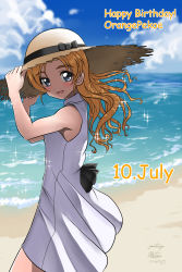 Rule 34 | 10s, 1girl, adjusting clothes, adjusting headwear, alternate hairstyle, artist name, beach, black bow, blue eyes, blue sky, blush, bow, character name, cloud, cloudy sky, commentary request, cowboy shot, dated, day, dress, english text, girls und panzer, hair down, happy birthday, hat, hat bow, highres, long hair, looking at viewer, matsui yasutsugu, ocean, open mouth, orange hair, orange pekoe (girls und panzer), outdoors, short dress, signature, sky, smile, solo, sparkle, standing, straw hat, sun hat, white dress