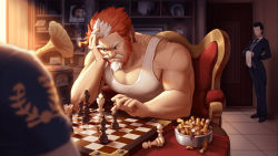 Rule 34 | 3boys, artist request, bara, bare arms, bare shoulders, beard, butler, chess piece, chessboard, elbow rest, facial hair, gyee, highres, instrument request, large pectorals, pectoral cleavage, male focus, multicolored hair, multiple boys, muscular, muscular male, mustache, official art, old, old man, pectorals, phonograph, red hair, short hair, sidepec, solo focus, streaked hair, tank top, white hair, white tank top, will (gyee)