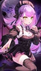 Rule 34 | 1girl, aria (ariacue), detached sleeves, green eyes, highres, hololive, long hair, looking at viewer, open mouth, outdoors, purple hair, solo, tokoyami towa, virtual youtuber, wings