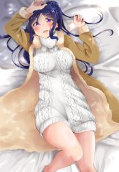 Rule 34 | 10s, 1girl, alternate costume, aran sweater, bed sheet, blush, breasts, cable knit, from above, highres, kawa nen, large breasts, long hair, long sleeves, looking at viewer, love live!, love live! school idol festival, love live! school idol project, love live! sunshine!!, lying, matsuura kanan, on back, on bed, open mouth, ponytail, purple eyes, solo, sweater