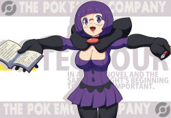 Rule 34 | 10s, 1girl, black gloves, black pantyhose, book, breasts, buttons, cleavage, creatures (company), elite four, game freak, glasses, gloves, makoto daikichi, md5 mismatch, nib pen (object), nintendo, open mouth, pantyhose, pen, pokemon, pokemon bw, purple eyes, purple hair, purple skirt, reaching, shauntal (pokemon), short hair, skirt, solo, text focus
