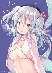 Rule 34 | 10s, 1girl, ahoge, beret, blue background, blue eyes, blush, breasts, breath, circle name, commentary request, hair between eyes, hat, kantai collection, kashima (kancolle), long hair, long sleeves, looking at viewer, medium breasts, naked shirt, navel, open mouth, round teeth, scarf, shirt, silver hair, simple background, solo, sousouman, teeth, twintails, upper body