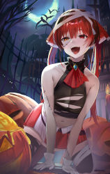 1girl :d absurdres animal bandaged_head bandages bare_shoulders bare_tree bat_(animal) black_skirt breasts castle cleavage collarbone crescent_moon derby_(dabidabi) fence gloves halloween heterochromia highres hololive houshou_marine kneeling large_breasts long_hair looking_at_viewer miniskirt moon navel night open_mouth pumpkin red_eyes red_hair red_skirt skirt smile solo teeth thighhighs tree twintails upper_teeth_only virtual_youtuber white_gloves white_skirt yellow_eyes