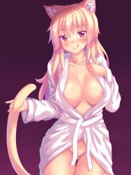 Rule 34 | 1girl, :q, animal ear fluff, animal ears, areola slip, bathrobe, blonde hair, blush, bottomless, breasts, breasts apart, cat ears, cat tail, closed mouth, collarbone, colored eyelashes, convenient censoring, cowboy shot, fur trim, gluteal fold, groin, hair between eyes, hand on own chest, highres, holding tail, large breasts, lips, long hair, long sleeves, looking at viewer, naked robe, no bra, no panties, nottytiffy, original, purple background, red eyes, robe, simple background, slit pupils, smile, solo, standing, tail, thigh gap, tongue, tongue out, tsurime