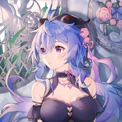 Rule 34 | 1girl, ahoge, bare shoulders, black dress, blue hair, blush, bow, breasts, cleavage, dress, flower, ganyu (genshin impact), genshin impact, hair flower, hair ornament, highres, horns, lizhilv, long hair, looking to the side, medium breasts, parted lips, purple eyes, rose, sidelocks, solo, upper body