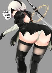 Rule 34 | 1girl, absurdres, android, artist request, ass, black dress, black hairband, blindfold, cameltoe, dress, from behind, gloves, hairband, highres, leotard, looking at viewer, nier (series), nier:automata, short hair, solo, sword, thighhighs, weapon, white hair, 2b (nier:automata)