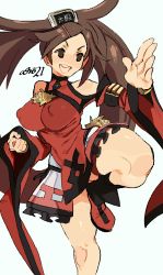 Rule 34 | 1girl, absurdres, artist name, black eyes, breasts, china dress, chinese clothes, clothing cutout, covered erect nipples, dress, guilty gear, hand up, highres, kuradoberi jam, large breasts, leg up, open mouth, red dress, shoulder cutout, simple background, smile, solo, standing, standing on one leg, white background, whoopsatro
