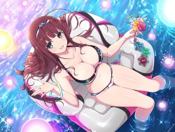 Rule 34 | 1girl, ahoge, bangle, bendy straw, bikini, blush, bracelet, breasts, brown hair, cleavage, controller, drinking straw, flower, game controller, gamepad, green eyes, hairband, highres, inflatable raft, jewelry, large breasts, long hair, looking at viewer, multicolored bikini, multicolored clothes, navel, official art, open mouth, pool, red flower, senran kagura, senran kagura new link, smile, solo, swimsuit, tropical drink, ui (senran kagura), water, white flower, yaegashi nan