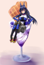 Rule 34 | 1girl, black footwear, black hair, blueberry, blush, bodysuit, boots, breasts, ch2o, chestnut mouth, fingerless gloves, food, fruit, glass, gloves, hair ornament, hair tubes, highres, honda futayo, in food, knee boots, kyoukaisenjou no horizon, large breasts, long hair, mini person, minigirl, parfait, partially submerged, ponytail, purple eyes, sitting, solo, vambraces, waffle