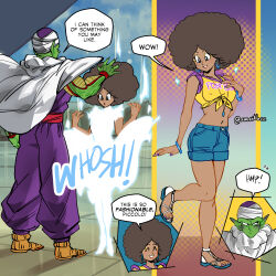 Rule 34 | 1boy, 1girl, afro, amartbee, black eyes, closed eyes, colored skin, commentary, crop top, dark-skinned female, dark skin, denim, denim shorts, dragon ball, dragon ball super, dragon ball super super hero, earrings, english commentary, english text, eyeliner, green skin, highres, janet (dragon ball), jewelry, lipstick, makeup, midriff, nail polish, namekian, open mouth, piccolo, purple nails, sandals, shorts, signature, sound effects, speech bubble, yellow eyeliner