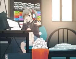 Rule 34 | 1girl, bad id, bad pixiv id, black shirt, blue eyes, blue skirt, blunt bangs, blurry, bookshelf, chair, child, computer, depth of field, eyebrows, hair ribbon, hand up, headphones, highres, indoors, light brown hair, long hair, long sleeves, mask, miniskirt, monitor, mouth mask, office chair, original, outstretched arm, pleated skirt, red ribbon, ribbon, samidare (hoshi), shirt, sick, sitting, skirt, socks, solo, surgical mask, swivel chair, table, tears, throwing, tissue, tissue box, trash can, twintails, used tissue, white socks, window, wiping nose