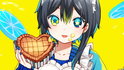 Rule 34 | 1girl, apron, black hair, blue eyes, blue hair, blue nails, blue sweater, commentary request, earrings, food, frilled apron, frills, green hair, hand up, heterochromia, holding, holding food, indie virtual youtuber, jewelry, kurata rine, kuratarine, looking at viewer, maid headdress, multicolored hair, nail polish, simple background, sleeves past wrists, solo, star-shaped pupils, star (symbol), streaked hair, stud earrings, sweater, symbol-shaped pupils, tongue, tongue out, two-tone hair, upper body, virtual youtuber, white apron, yellow background, yellow eyes