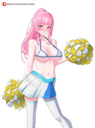 Rule 34 | 1girl, absurdres, azurecruiser, bare shoulders, blush, breasts, cheerleader, cleavage, highres, hololive, hololive english, large breasts, long hair, looking at viewer, mori calliope, navel, pink hair, ponytail, red eyes, solo, virtual youtuber