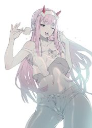Rule 34 | 10s, 1girl, :d, bad id, bad twitter id, bare shoulders, breasts, commentary request, covered erect nipples, crop top, darling in the franxx, denim, eyeshadow, finger to mouth, food, green eyes, hairband, holding, holding food, horns, jeans, maeshima shigeki, makeup, medium breasts, midriff, navel, one eye closed, oni horns, open mouth, pants, pink hair, red horns, smile, solo, standing, straight hair, strap slip, unbuttoned pants, underboob, white hairband, zero two (darling in the franxx)