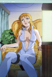 Rule 34 | 00s, 1girl, bare shoulders, blonde hair, bodysuit, breasts, breasts apart, center opening, chair, cleavage, green eyes, highres, kenran butou sai, lauren vestemona, lipstick, long hair, long legs, makeup, open clothes, plant, scan, sitting, skin tight, solo, unzipped