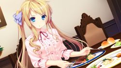 Rule 34 | 1girl, blonde hair, blue eyes, blush, breasts, chair, plate, food, fork, game cg, hair ribbon, harvest overray, knife, large breasts, long hair, looking down, mikami lilia, nironiro, ribbon, sitting, solo, table, twintails, usume shirou