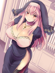 Rule 34 | 1girl, arms behind back, black thighhighs, blue dress, breasts, cleavage, closed mouth, commentary request, cross, cross necklace, dress, habit, indoors, jewelry, juliet sleeves, large breasts, long hair, long sleeves, looking at viewer, maki (seventh heaven maxion), necklace, nun, original, pink hair, puffy sleeves, red eyes, side slit, smile, solo, standing, thighhighs