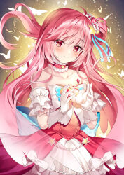 1girl animal bare_shoulders blush bug butterfly closed_mouth collarbone commission dress flower gloves hair_between_eyes hair_ornament heart heart_hair_ornament holding holding_flower insect long_hair nogi_takayoshi one_side_up original pink_hair red_dress red_eyes skeb_commission smile solo star_(symbol) star_hair_ornament strapless strapless_dress very_long_hair white_flower white_gloves