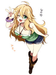 Rule 34 | 1girl, ;3, ;d, ahoge, blonde hair, bracelet, breasts, cleavage, denim, denim shorts, green eyes, heart, hoshii miki, idolmaster, idolmaster (classic), jewelry, large breasts, long hair, looking at viewer, one eye closed, open mouth, pendant, shorts, simple background, smile, solo, takatsuki ichi, v, white background