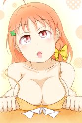 Rule 34 | 10s, 1girl, ahoge, bare shoulders, blush, bow, braid, breasts, cleavage, clover hair ornament, feitonokesin, hair bow, hair ornament, highres, large breasts, looking at viewer, love live!, love live! sunshine!!, no bra, open mouth, orange hair, red eyes, short hair, solo, strap slip, takami chika, upper body, yellow bow