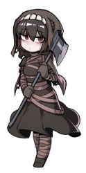 Rule 34 | 1girl, axe, bandaged arm, bandaged leg, bandages, black dress, black hair, black souls, brown eyes, closed mouth, dress, full body, hair between eyes, holding, holding axe, miranda (black souls), no pupils, nyong nyong, short hair, simple background, solo, torn clothes, white background