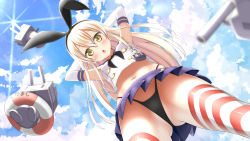 Rule 34 | 10s, 1girl, anchor hair ornament, arms behind head, bad id, bad pixiv id, black panties, blonde hair, blue sky, blush, breasts, chestnut mouth, cloud, cloudy sky, commentary request, crop top, crop top overhang, crotch, day, elbow gloves, from below, gloves, hair ornament, hairband, highleg, highleg panties, highres, kantai collection, karutamo, lifebuoy, long hair, looking at viewer, looking down, microskirt, midriff, navel, open mouth, outdoors, panties, pleated skirt, rensouhou-chan, school uniform, serafuku, shimakaze (kancolle), shirt, skirt, sky, sleeveless, sleeveless shirt, small breasts, solo, striped clothes, striped thighhighs, sunburst, swim ring, thighhighs, underwear, upskirt, white gloves, yellow eyes