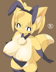 Rule 34 | 1girl, :3, animal ears, areola slip, black collar, black eyes, black gloves, black leotard, black thighhighs, blonde hair, blush stickers, bright pupils, brown background, closed mouth, collar, colored skin, commentary request, cowboy shot, dated, detached collar, elbow gloves, fake animal ears, fox ears, fox girl, fox tail, furry, furry female, gloves, leotard, lets0020, medium bangs, original, playboy bunny, rabbit ears, short hair, simple background, smile, solo, tail, thighhighs, white pupils, yellow skin