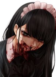 Rule 34 | 1girl, :d, black dress, black eyes, black hair, blood, blood on clothes, blood on face, dress, highres, hoshi san 3, leaning forward, long hair, looking at viewer, maid, maid headdress, nosebleed, open mouth, original, simple background, smile, solo, white background