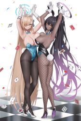 Rule 34 | 2girls, absurdly long hair, absurdres, animal ears, armpits, arms up, ass, asuna (blue archive), asuna (bunny) (blue archive), asymmetrical docking, black footwear, black hair, black pantyhose, blonde hair, blue archive, blue bow, blue bowtie, blue eyes, bow, bowtie, breast press, breasts, card, checkered floor, cleavage, commentary, dark-skinned female, dark skin, detached collar, english commentary, fake animal ears, fake tail, faldeus, fishnet pantyhose, fishnets, full body, gloves, gradient hair, hair over one eye, halo, highres, karin (blue archive), karin (bunny) (blue archive), large breasts, leotard, long hair, looking at viewer, mole, mole on breast, multicolored hair, multiple girls, official alternate costume, pantyhose, playboy bunny, ponytail, purple hair, rabbit ears, rabbit tail, shoes, simple background, smile, standing, tail, very long hair, white background, white footwear, white gloves, yellow eyes