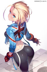 Rule 34 | 1girl, ass, bare shoulders, black gloves, black pants, black sports bra, blonde hair, blue eyes, blue jacket, blush, breasts, cammy white, facial scar, fingerless gloves, gloves, hong (white spider), jacket, large breasts, looking at viewer, looking back, open clothes, open jacket, pants, scar, scar on cheek, scar on face, short hair, solo, sports bra, street fighter, street fighter 6, thighs, tight clothes, tight pants