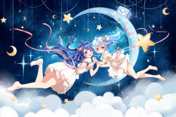 Rule 34 | 2girls, :d, :o, bad id, bad pixiv id, bare legs, bare shoulders, barefoot, bili girl 22, bili girl 33, bilibili, blue hair, blush, clouble, cloud, commentary request, crescent, dress, hair between eyes, highres, holding hands, interlocked fingers, long hair, multiple girls, open mouth, parted lips, pink ribbon, puffy short sleeves, puffy sleeves, red eyes, ribbon, short sleeves, smile, soles, sparkle, star (symbol), very long hair, white dress