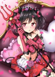 Rule 34 | 1girl, absurdres, artist name, artist request, bare legs, bare shoulders, black choker, black hair, blush, bow, choker, curled horns, demon girl, demon horns, demon tail, demon wings, elbow gloves, female focus, fishnet thighhighs, fishnets, floral print, flower, gloves, grey wings, hair between eyes, hair bow, hair flower, hair ornament, hairclip, highres, holding trident, horns, looking at viewer, love live!, love live! school idol festival, love live! school idol project, midriff, navel, oekaki tako, pink flower, pink gloves, pink rose, pleated skirt, polearm, polka dot, polka dot bow, print skirt, purple flower, purple rose, red bow, red eyes, red flower, red rose, red skirt, rose, rose print, short hair, sidelocks, skirt, smile, solo, striped clothes, striped gloves, tail, thighhighs, tiara, trident, twintails, vertical-striped clothes, vertical-striped gloves, weapon, wings, yazawa nico