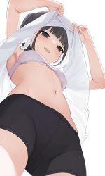 Rule 34 | 1girl, armpits, arms up, bike shorts, black eyes, black hair, black shorts, blush, bra, breasts, clothes lift, crotch, dot nose, dress, dress lift, eyebrows, from below, groin, half-closed eyes, highres, hiroki (yyqw7151), lifted by self, looking down, medium breasts, navel, open mouth, original, short hair, shorts, smile, stomach, teeth, thighs, underwear, upper teeth only, upshirt, white background, white bra, white dress