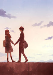 Rule 34 | 1boy, 1girl, :d, ^ ^, absurdres, arm behind back, backlighting, bag, blunt bangs, brown hair, closed eyes, closed mouth, cloud, couple, evening, floating hair, from side, full body, gradient sky, hand in pocket, happy, hetero, high collar, highres, holding hands, itunohika, kneehighs, leg lift, loafers, long hair, long sleeves, looking at another, open mouth, original, outdoors, pants, pleated skirt, profile, school bag, school uniform, shoes, skirt, sky, sleeve cuffs, smile, socks, sunset, tareme, walking, wind, |d