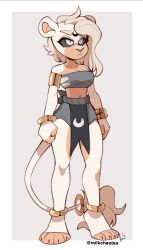 Rule 34 | 1girl, animal ears, anklet, armband, armlet, artist name, bandeau, bangle, bare shoulders, barefoot, black sclera, border, bracelet, breasts, cleavage, clenched hands, colored sclera, commentary, facial mark, forehead mark, full body, furry, furry female, grey background, grey bandeau, grey eyes, highres, jewelry, kaijumilk (milkchaotea), long hair, looking ahead, looking away, midriff, navel, original, outside border, pelvic curtain, signature, solo, standing, symbol-only commentary, tail, tall female, thick eyebrows, white hair