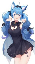 Rule 34 | 1girl, :d, ahoge, animal ear fluff, animal ears, armpits, bare shoulders, black dress, blue eyes, blue hair, blue jacket, bow, bowtie, breasts, cat ears, cleavage, cleavage cutout, clothing cutout, cowboy shot, dress, frilled dress, frills, hair ribbon, hairband, hands up, heart cutout, highres, jacket, leg tattoo, long hair, long sleeves, looking at viewer, medium breasts, nanashi inc., nishino eri, off shoulder, open clothes, open jacket, open mouth, paw tattoo, puffy sleeves, ribbon, sidelocks, sleeveless, sleeveless dress, smile, solo, souya ichika, souya ichika (6th costume), standing, tattoo, thighs, twintails, virtual youtuber
