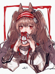 Rule 34 | 1girl, angelina (arknights), animal ears, arknights, black shirt, blush, box, brown hair, commentary request, cropped torso, fox ears, gift, gift box, hairband, harukan tiusu, holding, holding gift, jacket, long hair, long sleeves, looking at viewer, open clothes, open jacket, red eyes, red hairband, shirt, solo, twintails, two-tone background, upper body, valentine, very long hair, white jacket