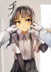 Rule 34 | 10s, 1girl, arm warmers, blunt bangs, brown eyes, cheek pinching, genyaky, gloves, grey hair, headgear, highres, holding another&#039;s arm, kantai collection, kasumi (kancolle), long hair, pinching, pov, school uniform, side ponytail, solo focus, suspenders, white gloves