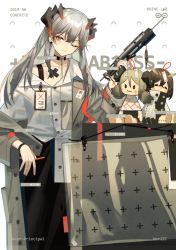 Rule 34 | 1girl, arknights, black bra, bra, bra strap, closed mouth, coat, dress shirt, grey coat, grey hair, head tilt, holding, horns, ifrit (arknights), long hair, long sleeves, looking at viewer, norizc, off shoulder, one eye closed, orange eyes, saria (arknights), shirt, silence (arknights), smile, solo focus, standing, underwear, white shirt, wristband