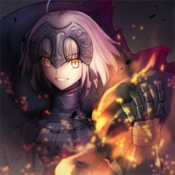 Rule 34 | 1girl, ahoge, armor, armored dress, ashes, black armor, black cape, black dress, black gloves, breasts, cape, chain, commentary request, dress, embers, fang, fate/grand order, fate (series), fire, gauntlets, gloves, headgear, jeanne d&#039;arc (fate), jeanne d&#039;arc alter (avenger) (fate), jeanne d&#039;arc alter (fate), looking at viewer, magic, medium breasts, pale skin, shoori (migiha), short hair, sidelocks, smile, solo, teeth, upper body, white hair, yellow eyes