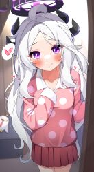 Rule 34 | 1girl, absurdres, ahoge, blue archive, blurry, collarbone, commentary request, demon girl, demon horns, depth of field, door, eyes visible through hair, halo, heart, highres, hina (blue archive), hina (pajamas) (blue archive), horns, long hair, long sleeves, looking at viewer, pajamas, parted bangs, peroro (blue archive), pink pajamas, pleated skirt, polka dot, polka dot pajamas, purple eyes, sidelocks, skirt, smile, solo, spoken heart, white hair, yosh1na