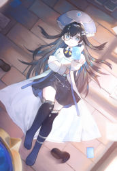 Rule 34 | + +, 1girl, aged down, an ge li ya si, black hair, black skirt, blue eyes, blue headwear, blue sweater, breasts, card, chinese commentary, unworn footwear, hair behind ear, high heels, highres, holding, holding card, hololive, hololive china, jacket, lying, medium breasts, monocle, off shoulder, on back, rosalyn (hololive), second-party source, shoes, unworn shoes, skirt, solo, sweater, thighhighs, virtual youtuber, white jacket