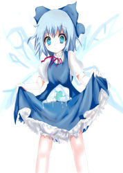 Rule 34 | 1girl, bloomers, blue eyes, blue hair, bow, cirno, clothes lift, dress, dress lift, embodiment of scarlet devil, female focus, frog, hair bow, ice, matching hair/eyes, solo, touhou, underwear, white background, white bloomers, wings